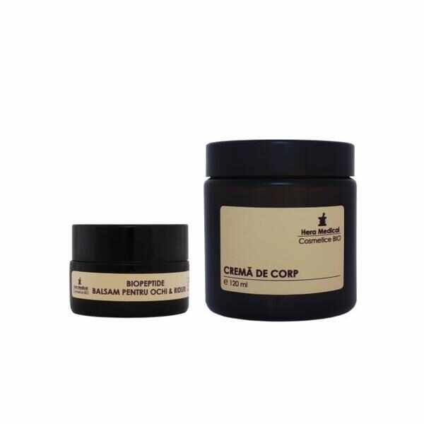 Set Duo Piele Uscata, Hera Medical Cosmetice BIO, 2 buc: Biopeptide balsam pentru ochi & riduri 15 ml, crema de corp 120 ml