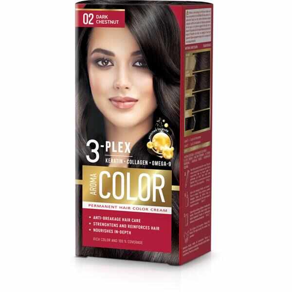 Vopsea Crema Permanenta - Aroma Color 3-Plex Permanent Hair Color Cream, nuanta 02 Dark Chestnut, 90 ml