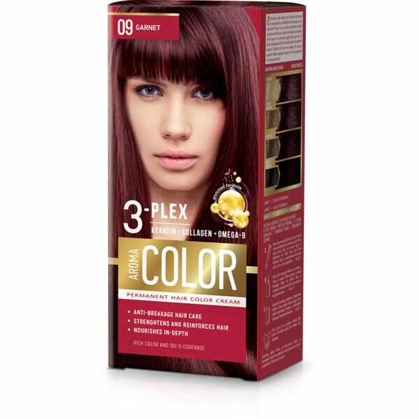 Vopsea Crema Permanenta - Aroma Color 3-Plex Permanent Hair Color Cream, nuanta 09 Garnet, 90 ml