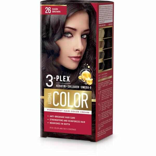 Vopsea Crema Permanenta - Aroma Color 3-Plex Permanent Hair Color Cream, nuanta 26 Dark Brown, 90 ml