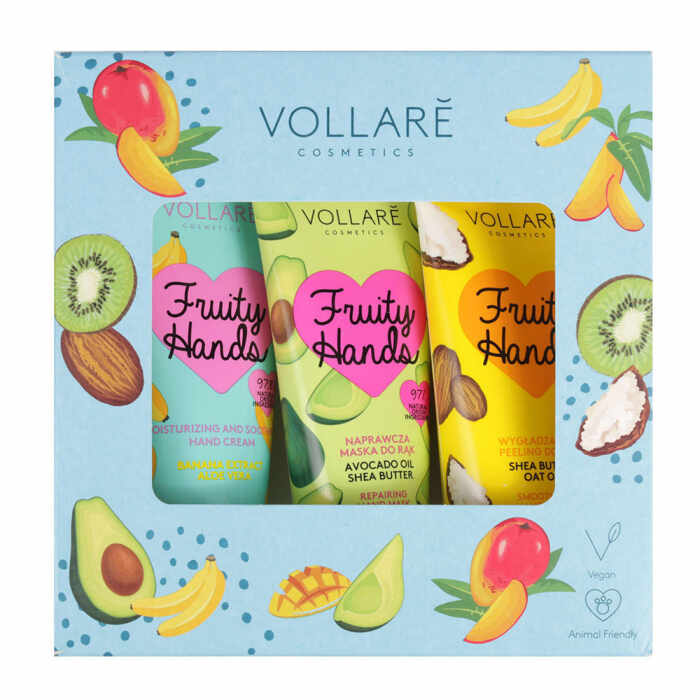 Set VOLLARE Fruity Hands cu 3 Produse: Crema, Masca si Scrub de maini, 97% Ingrediente Naturale 3 x 50 ml