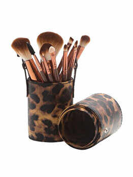 Set 12 pensule machiaj Makeup, cu etui leopard pentru depozitare