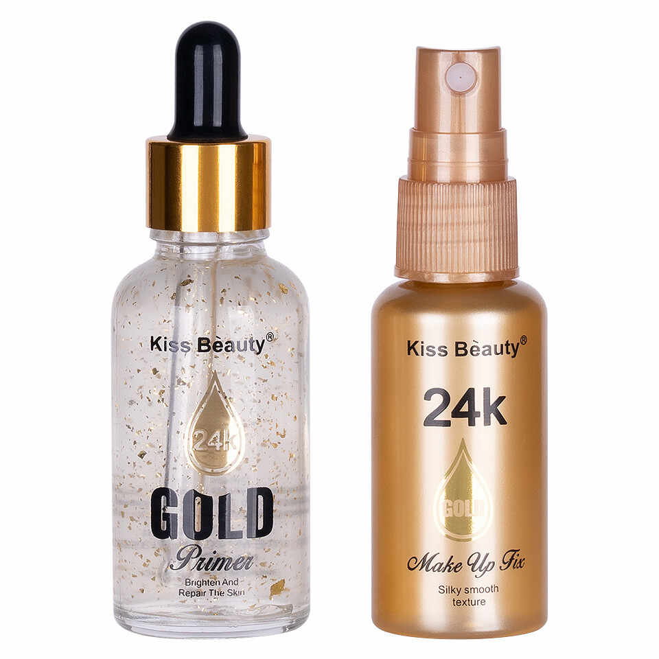 Set 2 in 1 Primer Machiaj + Spray Fixare Machiaj Kiss Beauty 24K Gold