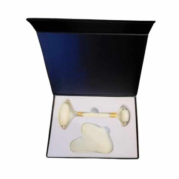 Set Facial Roller si Piatra Guasha pentru masaj facial, din marmura alba in Cutie Cadou/ Gift Box