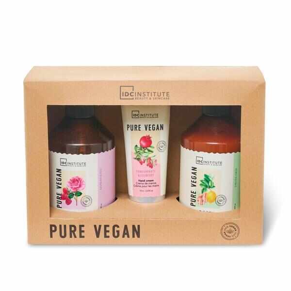 Set cadouingrijire Pure Vegan IDC Institute 42039, (250 ml gel de dus, 250 ml lotiune de corp, 75 ml crema de maini)