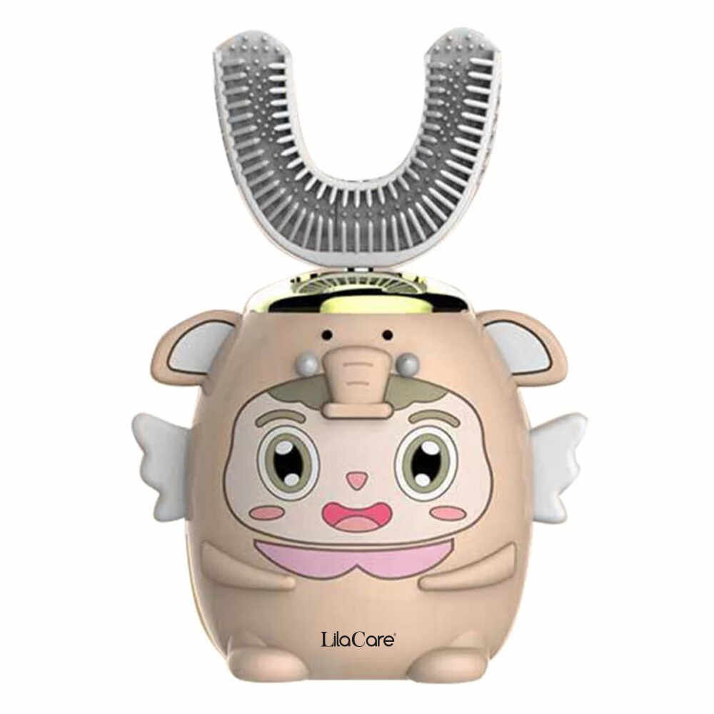 Periuta de dinti electrica pentru copii Lila Care, tip U, cu incarcare USB, cu 5 viteze, roz nude.