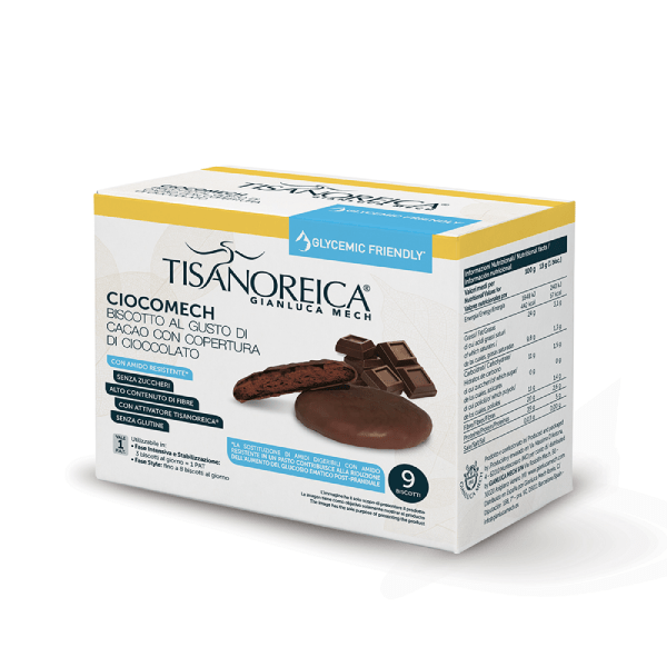 Biscuiti cu aroma de cacao si ciocolata neagra Gianluca Mech Tisanoreica Ciocomech al Cacao e Cioccolato Fondente 9x13gr