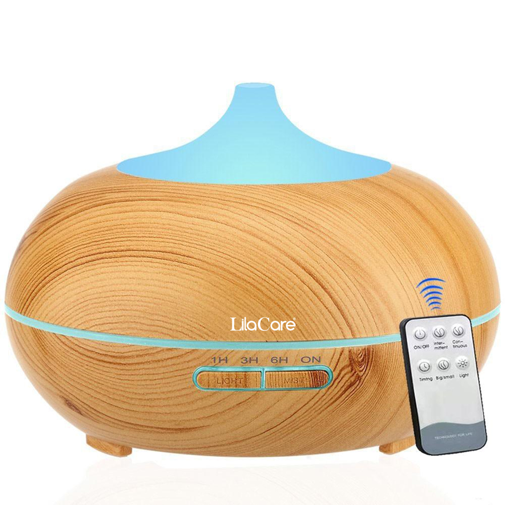 Umidificator si difuzor aromaterapie LilaCare, 500 ml, ultrasonic, cu telecomanda, lemn stejar