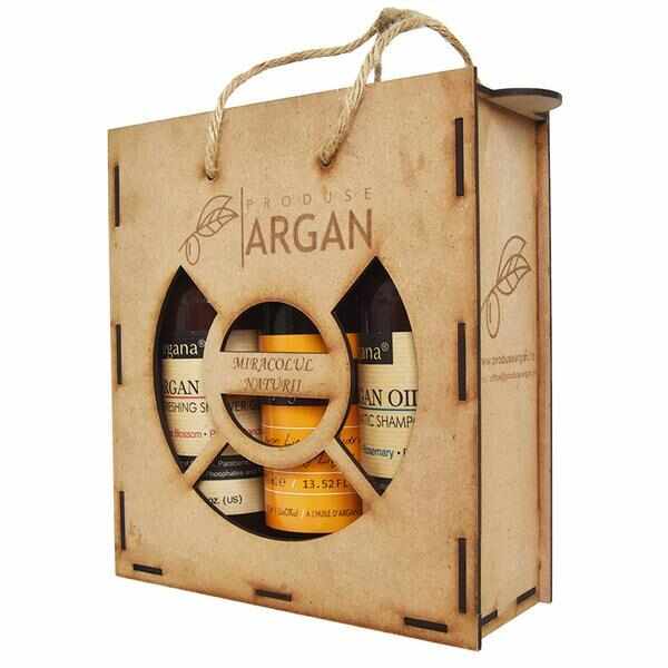 Set cadou rustic argan cutie lemn sampon cu ulei argan 400 ml+sapun lichid cu ulei argan 400 ml+gel de dus cu ulei argan 400 ml
