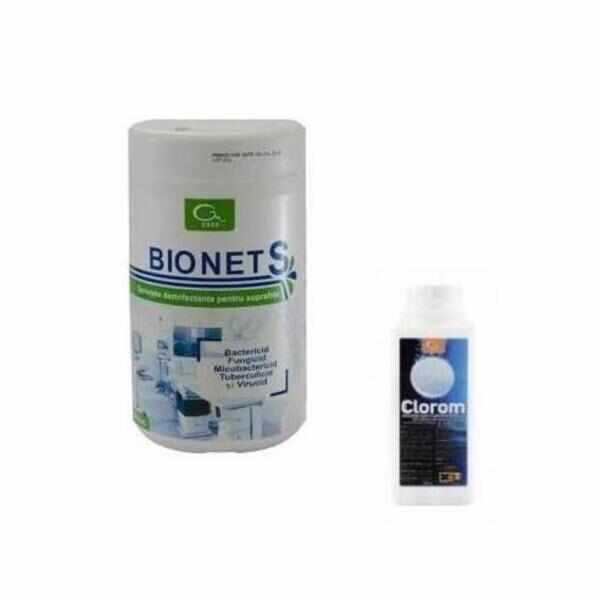 Pachet Bionet S ( 150 Buc ) Servetele Dezinfectante pentru Suprafete + Clorom 200 Tablete Dezinfectant pentru Suprafete 