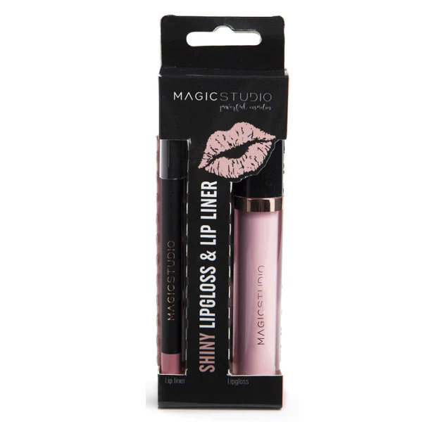 Set ruj lichid si creion de buze Magic Studio Shiny Lipgloss & Lip Liner, nude