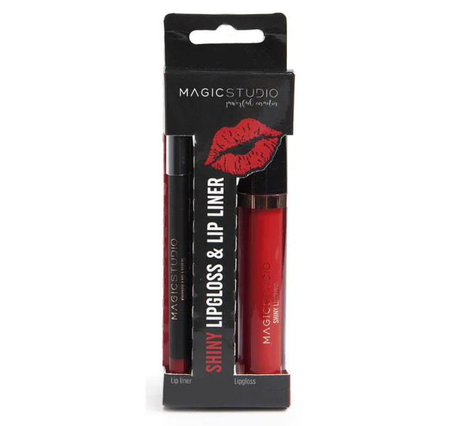 Set ruj lichid si creion de buze Magic Studio Shiny Lipgloss & Lip Liner, rosu deschis