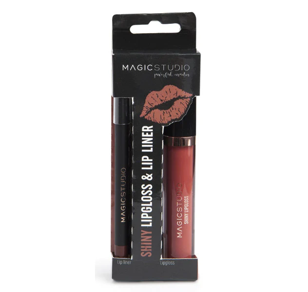 Set ruj lichid si creion de buze Magic Studio Shiny Lipgloss & Lip Liner, rosu inchis