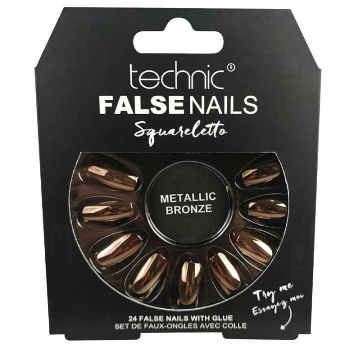 Set 24 Unghii False cu adeziv inclus Technic False Nails, Squareletto, Metallic Bronze