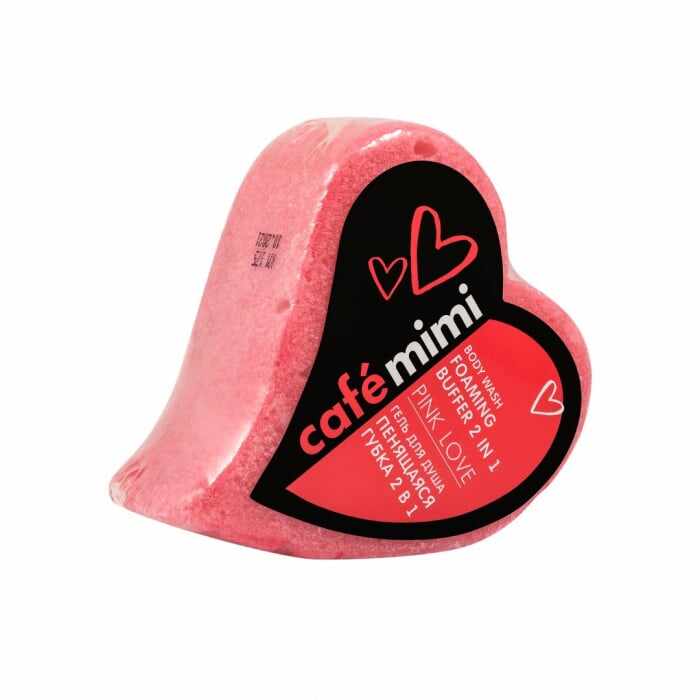 Burete de baie spumant cu Gel de dus 2in1 reutilizabil Cafe Mimi Body Wash Foaming Buffer Pink Love, cu Capsuni si Migdale 60gr