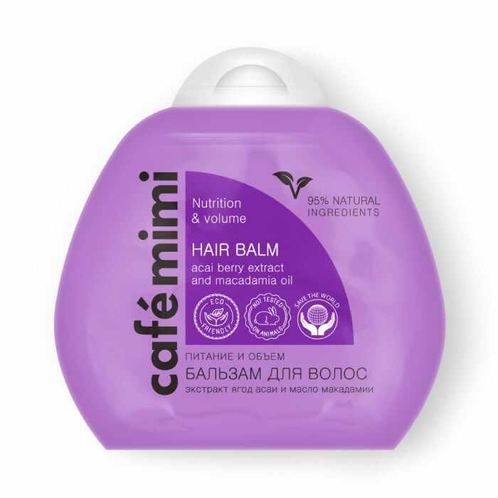 Balsam Cafe Mimi Nutrition and Volume cu extracte naturale de Acai, Ulei de Macadamia si Vitamine, pentru parul fragil, lipsit de volum 100ml