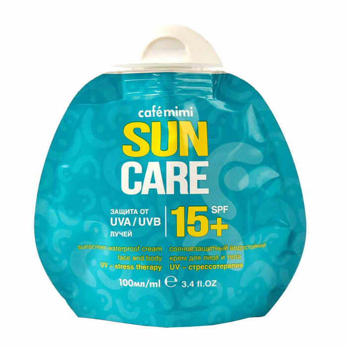 Crema de fata si corp pentru protectie solara Cafe Mimi Sun Care UVA UVB SPF 15 rezistenta la apa, cu Vitaminele E si F 100ml