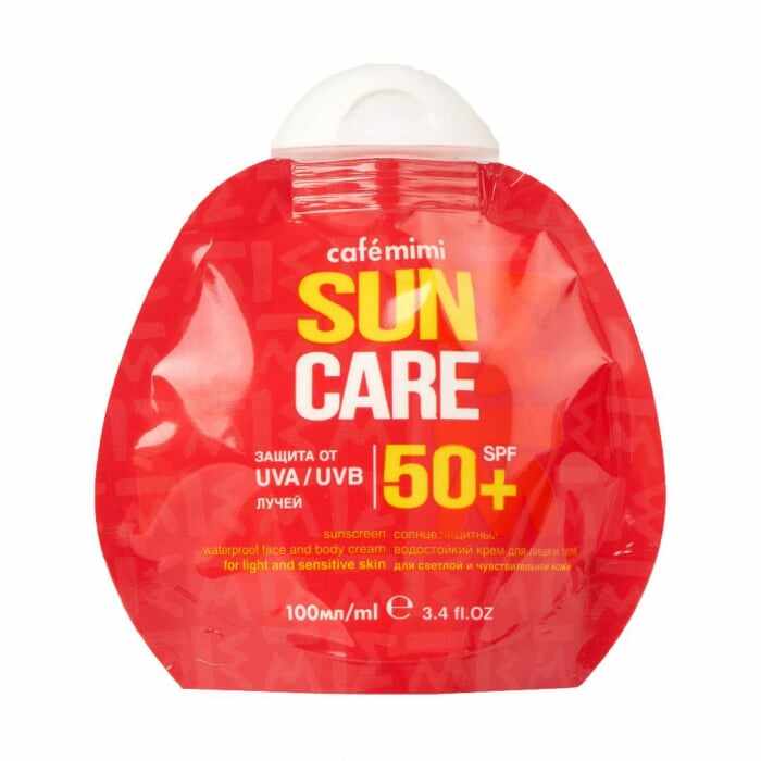 Crema de fata si corp pentru protectie solara Cafe Mimi Sun Care UVA UVB SPF 50+ rezistenta la apa, cu Vitaminele E si F 100ml