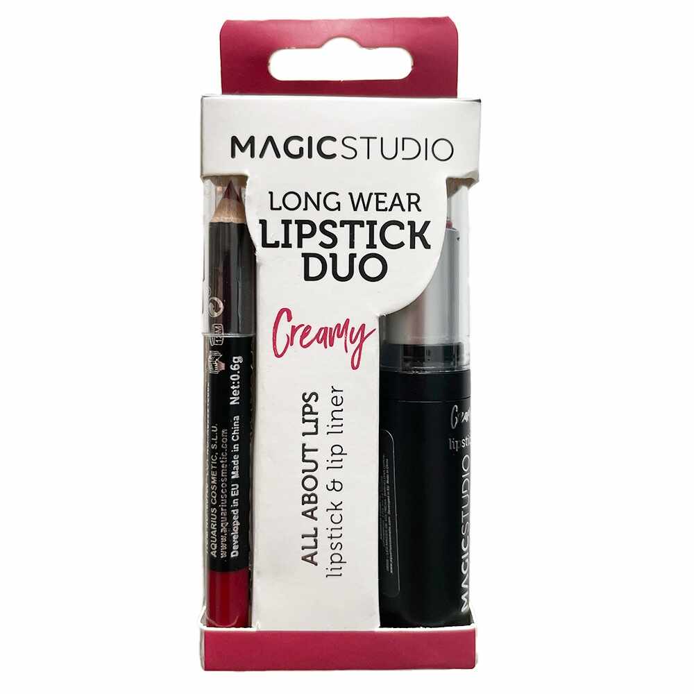 Ruj si creion de buze Magic Studio,Creamy, nr 1, rosu inchis