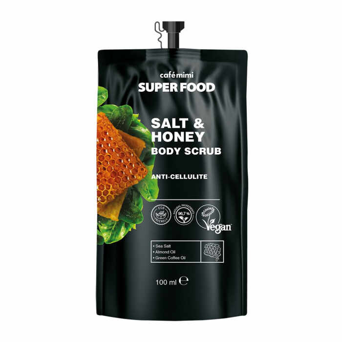 Scrub de corp exfoliant vegan Cafe Mimi Super Food Anti-Cellulite Salt Honey 100ml