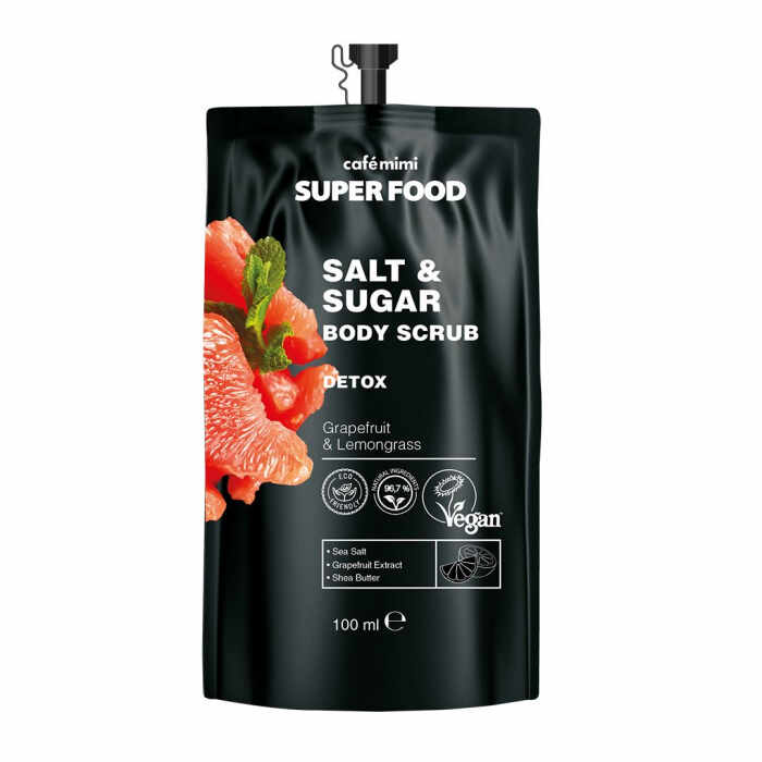 Scrub de corp exfoliant vegan Cafe Mimi Super Food Detox Salt Sugar 100ml