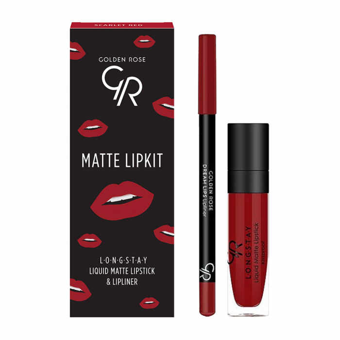 Set pentru buze Golden Rose Matte Lip Kit Scarlet Red Ruj lichid Longstay Matte 18 + Creion Dream 527