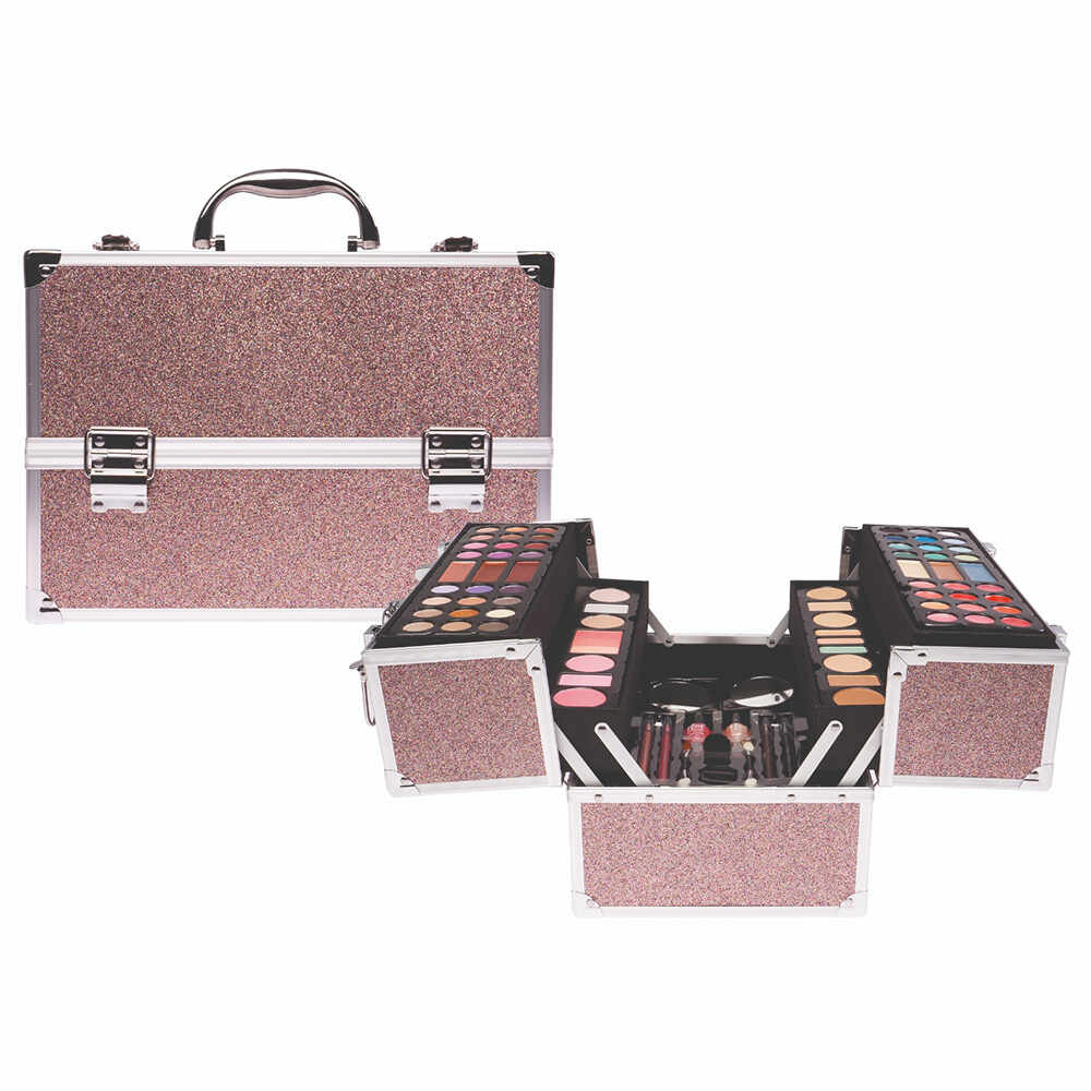 Set paleta machiaj tip geanta cosmetice Treffina, 31 x 21 x 22 cm, trusa produse cosmetice, glitter pink