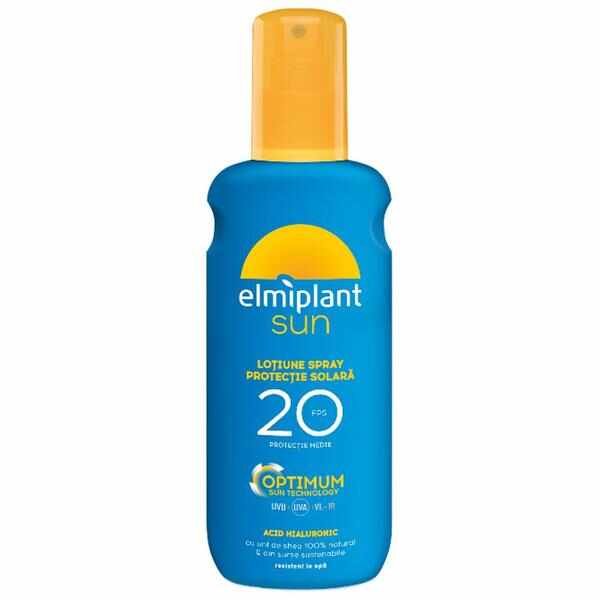 Lotiune Spray pentru Protectie Solara Medie cu Acid Hialuronic - Elmiplant Optimum Sun Technology, FPS 20, Rezistent la Apa, 200 ml