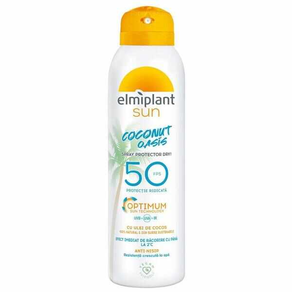 Spray pentru Protectie Solara Ridicata cu Ulei de Cocos - Elmiplant Sun Coconut Oasis Spray Protector Dry Optimum Sun Technology, FPS 50, Rezistenta Crescuta la Apa, 150 m