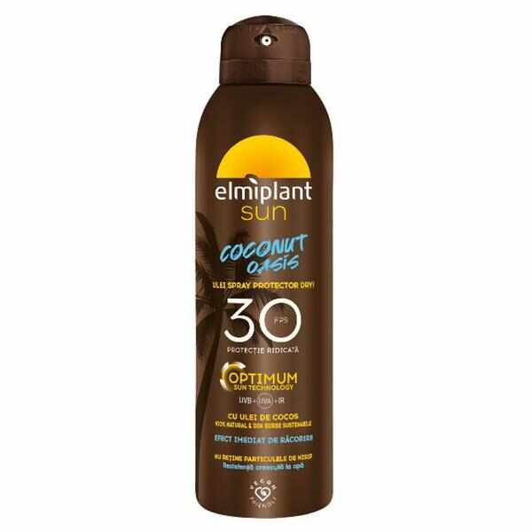 Ulei Spray Protector cu Ulei de Cocos - Elmiplant Sun Coconut Oasis Spray Protector Dry Optimum Sun Technology, FPS 30, Rezistenta Crescuta la Apa, 150 ml