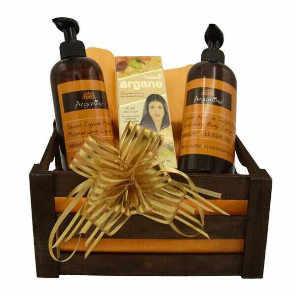 Set cadou cutie lemn, produse cosmetice Arganine cu ulei de argan, sapun lichid 400 ml, lotiune de corp 400 ml, ulei par/piele Valona 140 ml