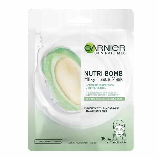 Masca servetel cu lapte de migdale si acid hialuronic Nutri Bomb Skin Naturals, Garnier, 28 g 
