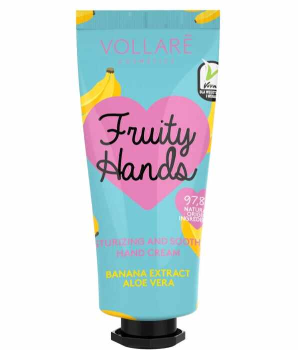 Crema de maini hidratanta cu extract de Banane si Aloe Vera, 97.8% Ingrediente Naturale, VOLLARE Fruity Hands, 50 ml
