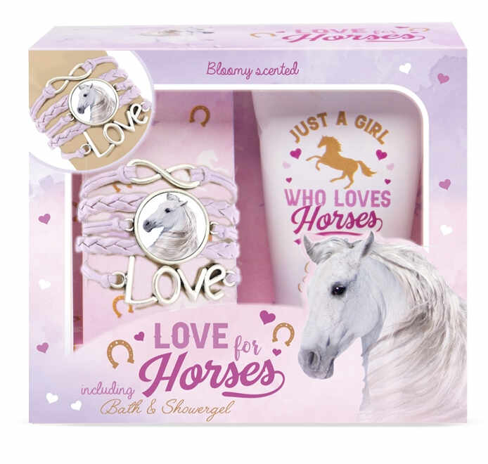 Set cadou fetite I LOVE HORSES (bratara + gel dus)