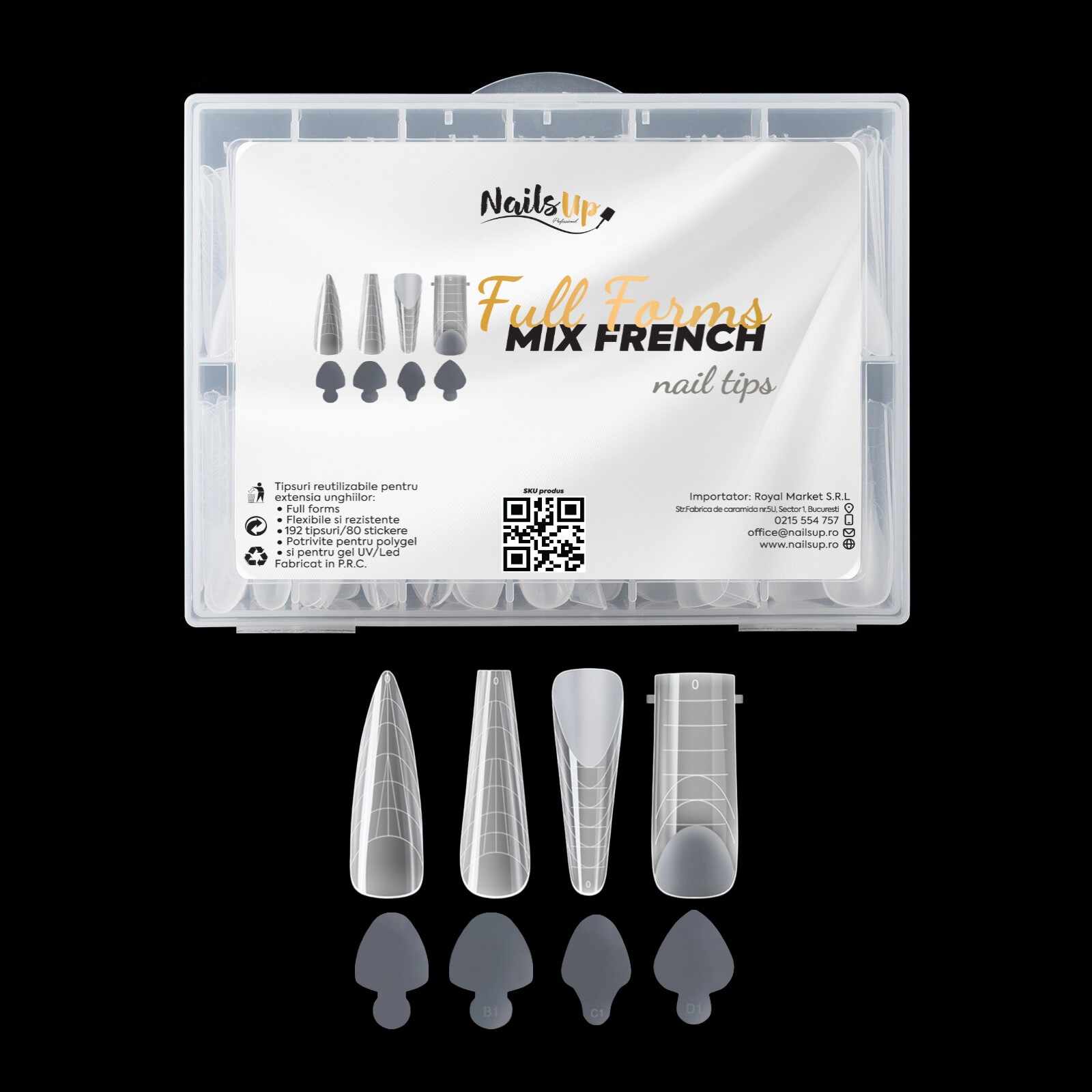 Tipsuri Full Forms MIX FRENCH NailsUp Reutilizabile 192 pcs, 96 Sticker French