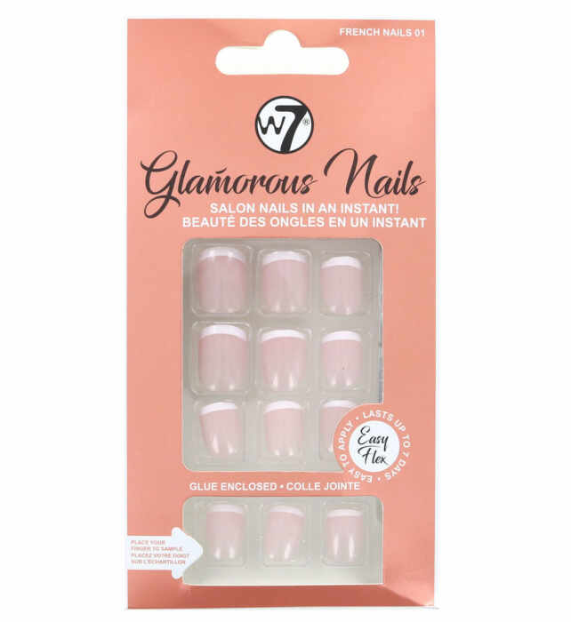 Kit 24 Unghii False W7 Glamorous Nails, French Nails 01, cu adeziv inclus si pila de unghii