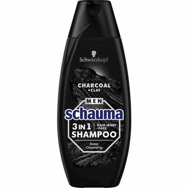 Sampon 3 in 1 Par-Corp-Fata pentru Barbati cu Carbune si Argila - Schwarzkopf Schauma Men 3 in 1 Hair-Body-Face Shampoo with Charcoal + Clay, 400 ml