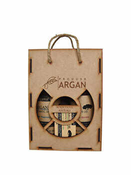 Set cadou rustic cutie lemn (Sampon cu ulei de argan Argana 400ml + Gel de dus cu ulei de argan Argana 400ml + Sapun Argana 40gr)
