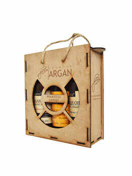 Set cadou rustic cutie lemn (Sampon cu ulei de argan Argana 400ml + Gel de dus cu ulei de argan Argana 400ml + Sapun lichid Arganine 400ml)