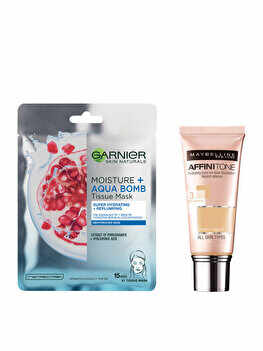 Set (Maybelline Affinitone Fond de ten nuanta Light Sandbeige 03, 30 ml + Garnier Skin Naturals Masca servetel cu rodie)