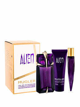 Set cadou Thierry Mugler Alien (Apa de parfum 60 ml + Apa de parfum 10 ml + Lapte de dus 50 ml), pentru femei