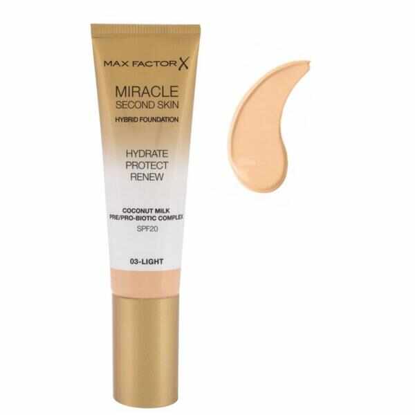 Fond de Ten - Max Factor Miracle Second Skin Hybrid Foundation SPF 20, nuanta 03 Light, 30 ml