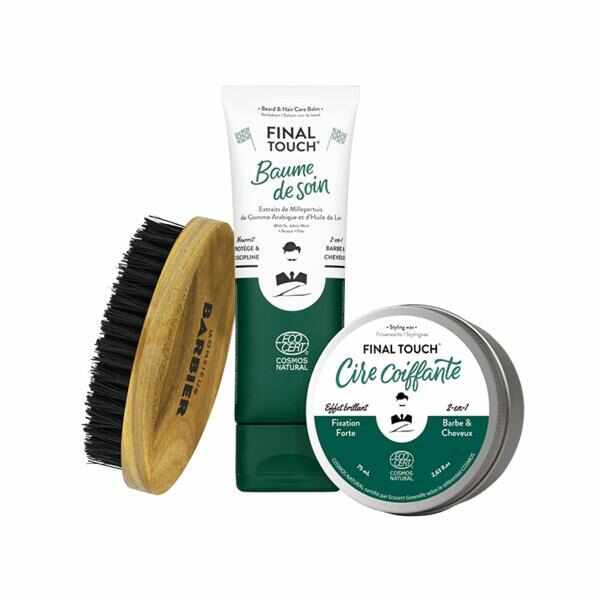  Set ingrijire barba Perfect Style Monsieur BARBIER, Balsam FINAL TOUCH 2-in-1 barba si par 75ml, Crema finisare FINAL TOUCH 75ml, Perie vegana, 100% natural 