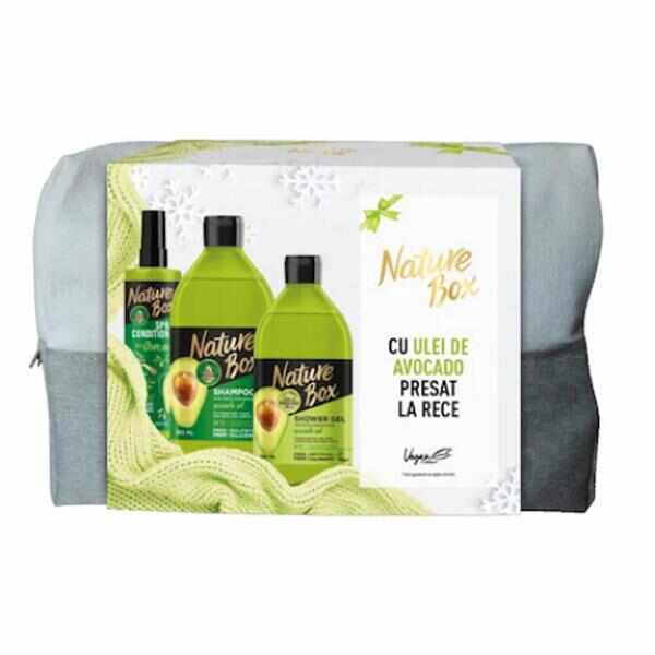 Set Cadou Nature Box cu Ulei de Avocado Presat la Rece: Sampon 385 ml + Gel de Dus 385 ml + Balsam Spray 200 ml