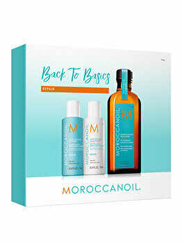 Pachet promo Moroccanoil Repair (Ulei tratament pentru toate tipurile de par, 100 ml + Sampon reparator, 70 ml + Balsam reparator, 70 ml)