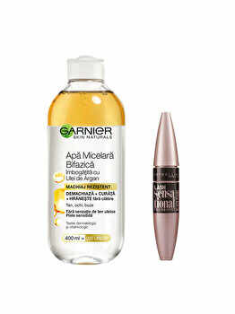 Set Maybelline (Mascara Lash Sensational Black, 9.5 ml + Garnier Skin Naturals Apa micelara bifazica cu ulei de argan, 400 ml)