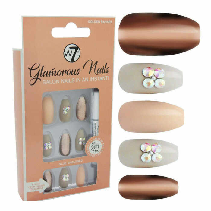 Kit 24 Unghii False W7 Glamorous Nails, Golden Sahara, cu adeziv inclus si pila de unghii