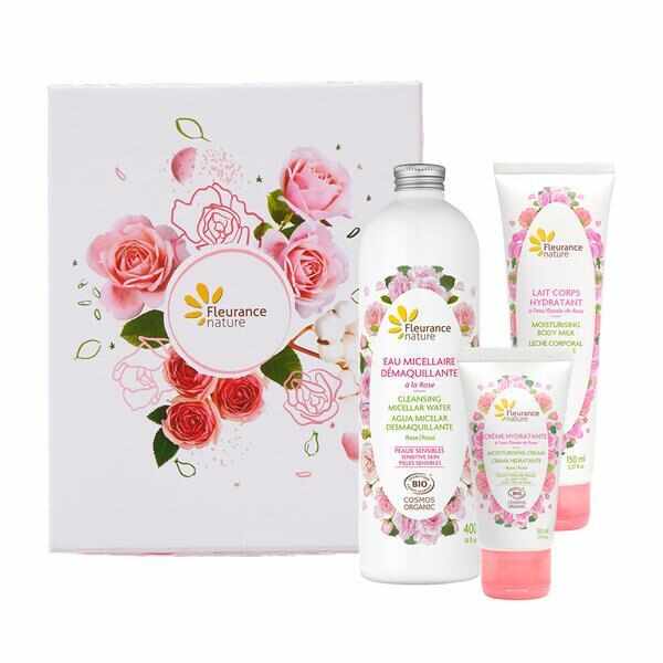 Set cadou cosmetice bio cu apa de trandafiri pentru corp si ten - Rose, Fleurance Nature ( Apa micelara 400ml + Crema 50ml + Lapte corp 150ml )